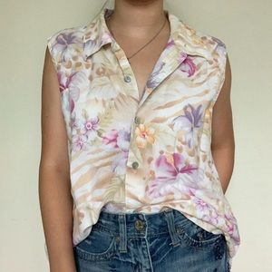 Vintage Hawaii Hibiscus Floral Print Sleeveless Button Down Beach Shirt